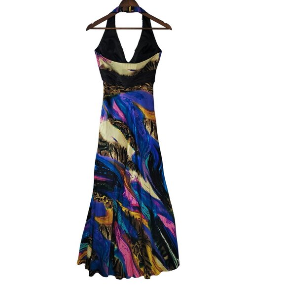 La Femme Paris Abstract Print Silk Halter Gown Beaded Neckline Womens Size 2 - Picture 2 of 10